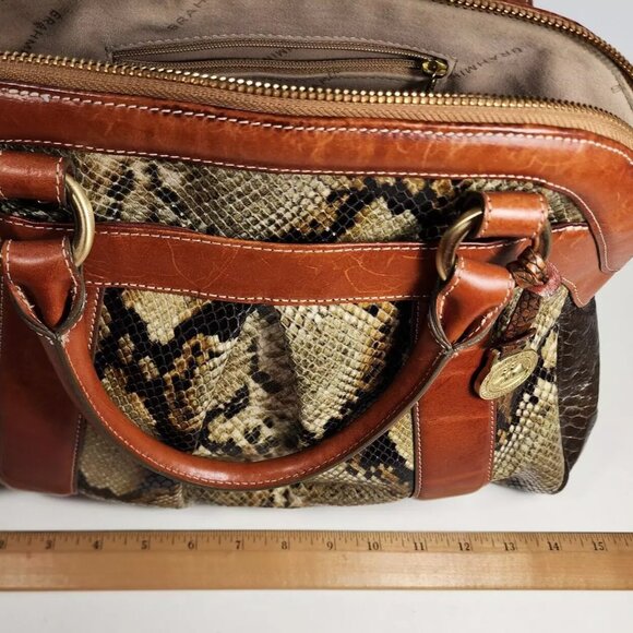 Brahmin Louise Rose Embossed Snakeskin Leather Satchel Handbag Brown Trim Strap - Picture 12 of 16
